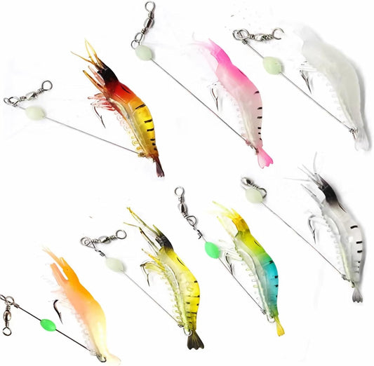 7Pcs Fishing Lures Shrimp Bait Set,Soft Bionic Lures, with Luminous Sharp Hooks for Freshwater Saltwater,Attract Bass, Trout, Catfish, Salmon