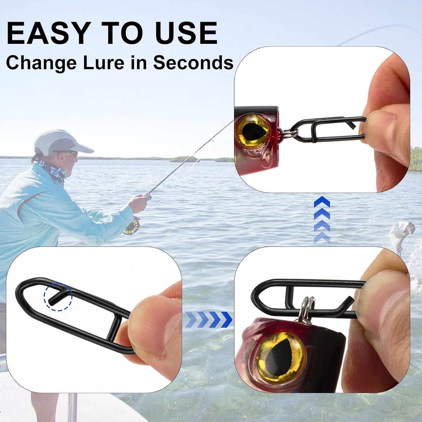 50-Pack Fishing Stealth Power Speed Clips, High Strength Stainless Steel Clips for Lures Quick Change, Freshwater Saltwater Crankbait Popper Snap Connector Tackle  25LB
