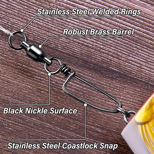 20-Pack Ball Bearing Swivels with Snaps, Fishing Snap Tackle Saltwater Freshwater Coastlock Snaps Barrel Swivel Leader Connector Downrigger Planer Release Clips  #2-49lb