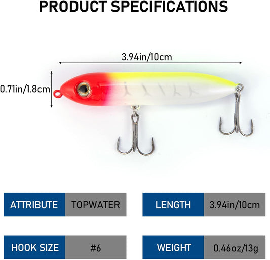 Top Water Fishing Lures Kit for Saltwater and Freshwater, Bass Treble Hooks Hard Baits, Walk-The-Dog Lure Set Pike, Striper, Speckled Trout