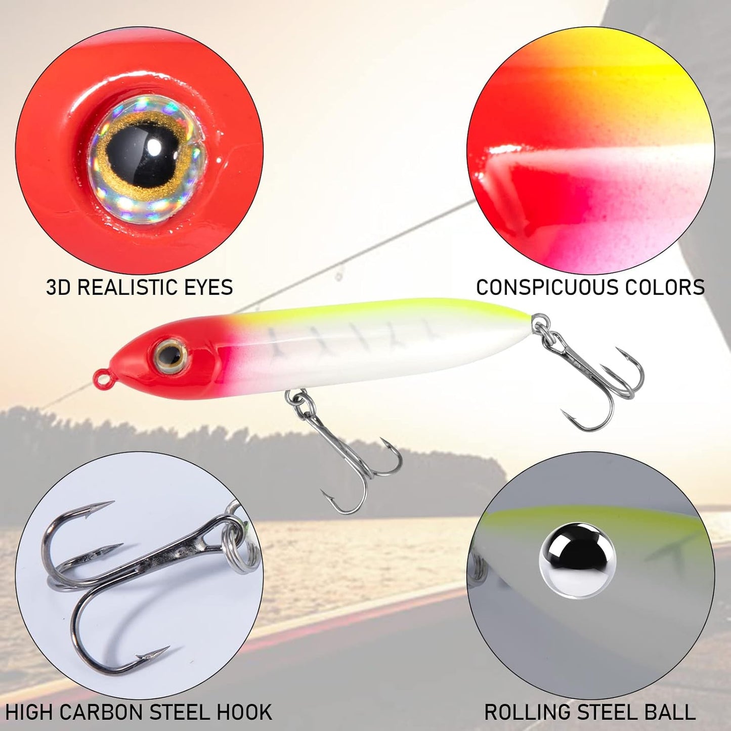 Top Water Fishing Lures Kit for Saltwater and Freshwater, Bass Treble Hooks Hard Baits, Walk-The-Dog Lure Set Pike, Striper, Speckled Trout
