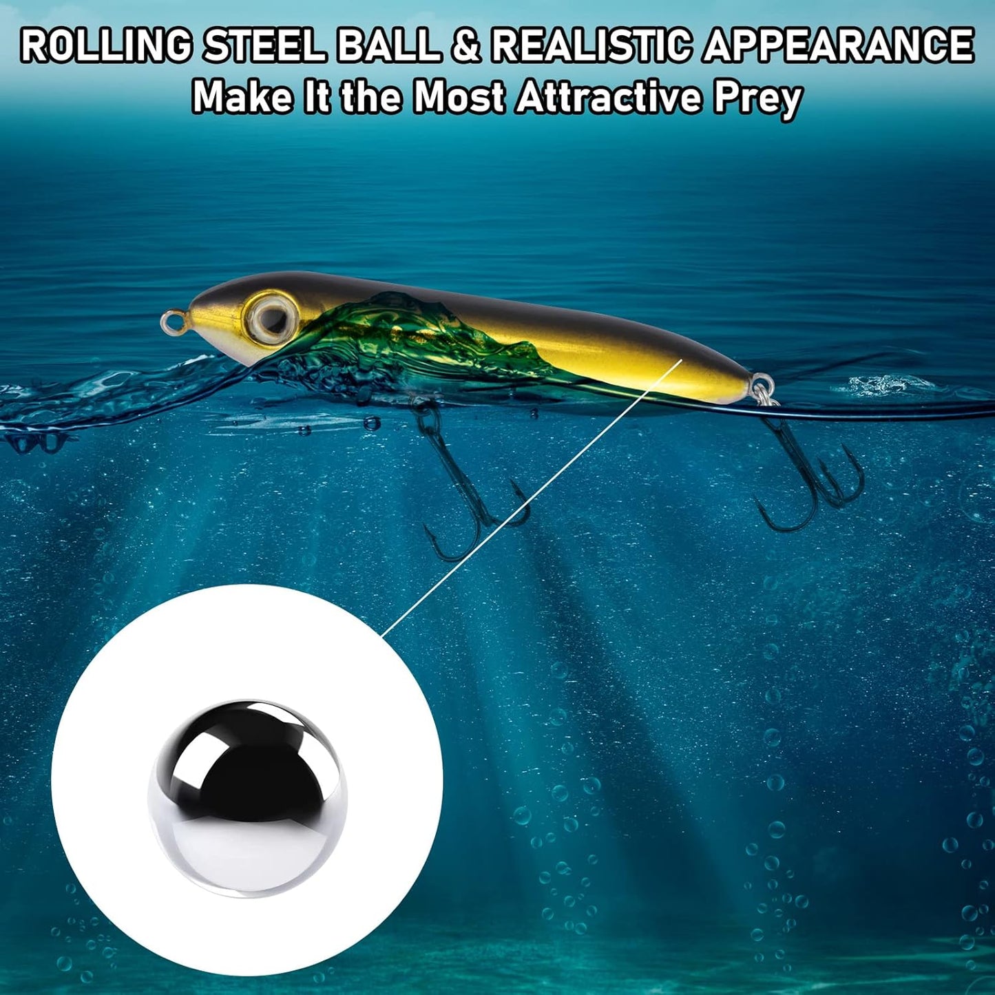 Top Water Fishing Lures Kit for Saltwater and Freshwater, Bass Treble Hooks Hard Baits, Walk-The-Dog Lure Set Pike, Striper, Speckled Trout