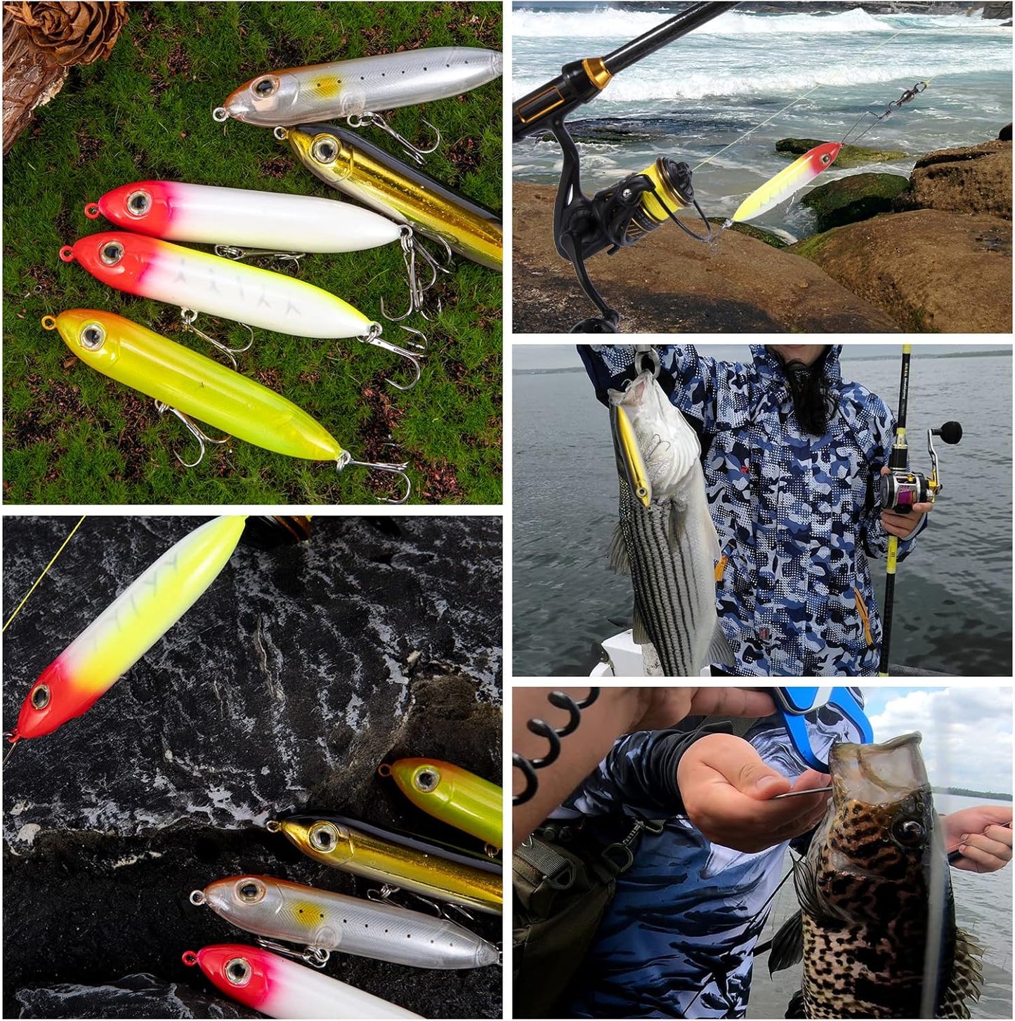 Top Water Fishing Lures Kit for Saltwater and Freshwater, Bass Treble Hooks Hard Baits, Walk-The-Dog Lure Set Pike, Striper, Speckled Trout