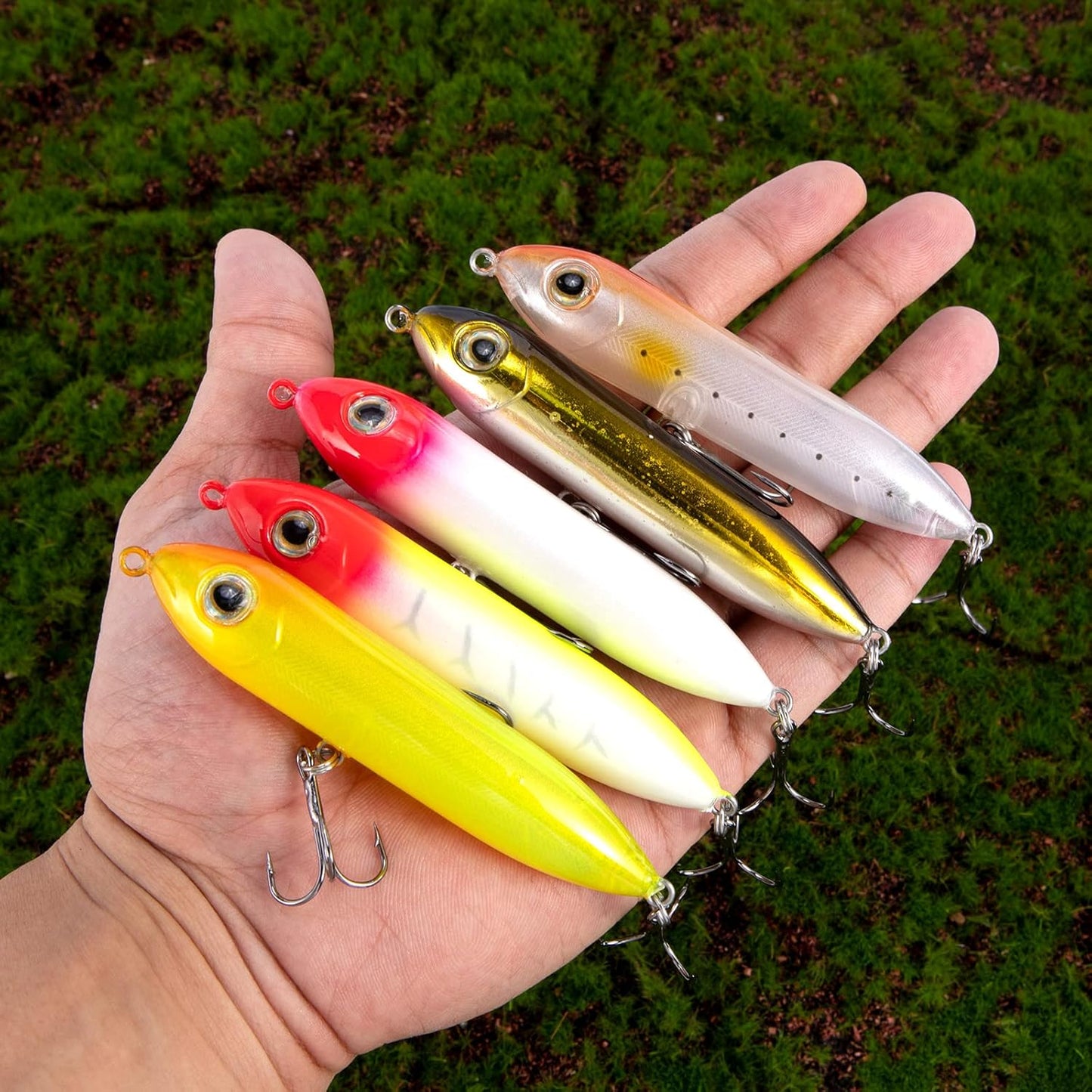 Top Water Fishing Lures Kit for Saltwater and Freshwater, Bass Treble Hooks Hard Baits, Walk-The-Dog Lure Set Pike, Striper, Speckled Trout