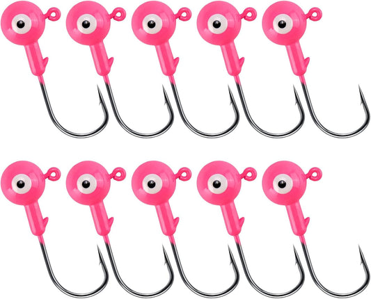10-Pack Round Fishing Jig Heads, Bass Ball Jigs Hooks 3D Eyes High Carbon Steel 1/8-1/2OZ Pompano Head Saltwater Freshwater Heads for Trout Walleye Striper Pink 1/4oz