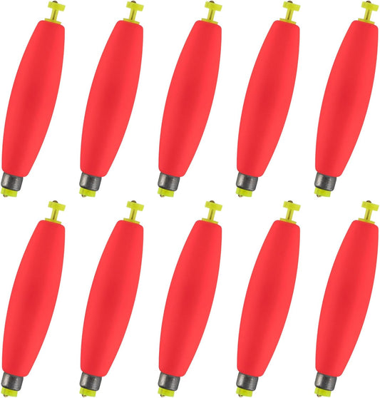 10-Pack Fishing Bobbers Floats, Weighted for Cigar EVA Foam Snap-on Floats Corks Floaters Buoys Crappie Bass Panfish Bluegills Trout Red 1.4IN - 3/32OZ