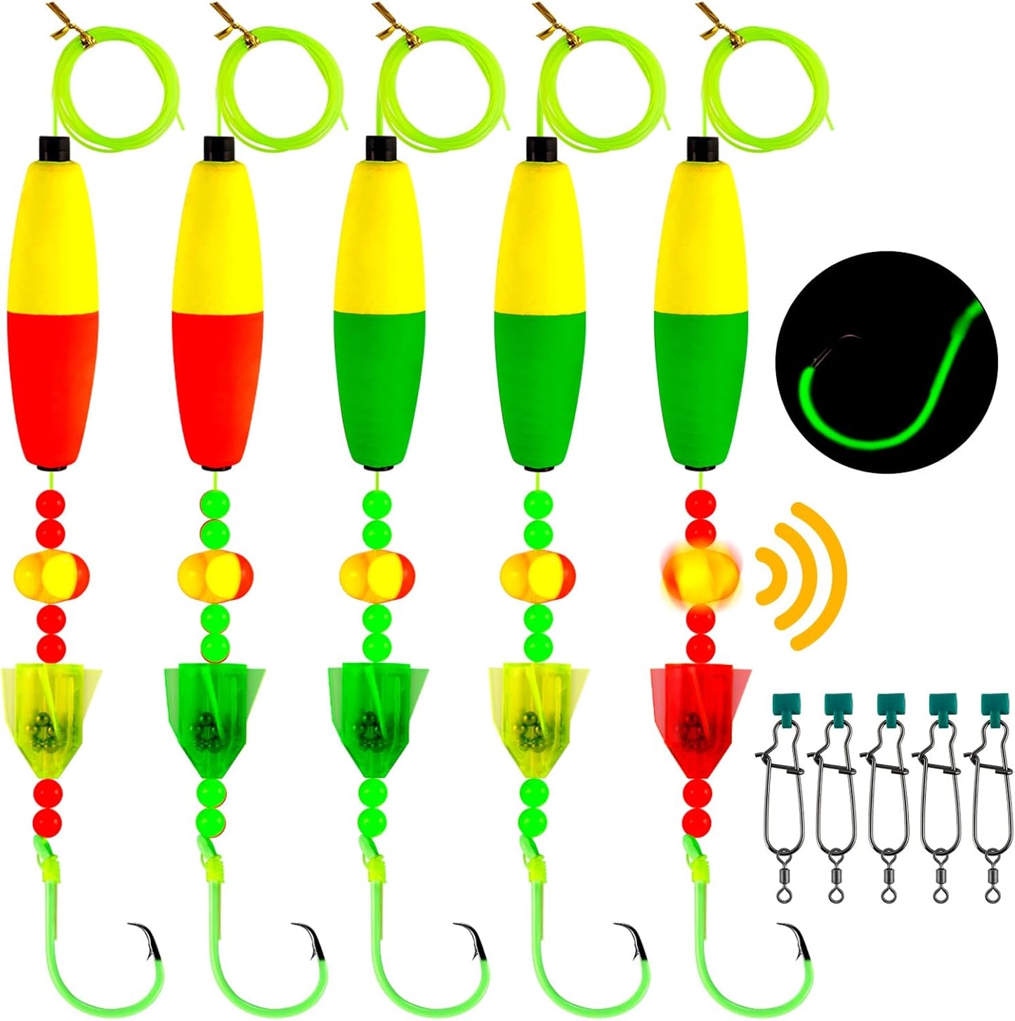 5-Pack Catfish Bait Float Rigs Kit, Ready Cat Fish Rig with Rattles Peg Floats Beads Circle Hooks 6/0 8/0 10/0, Catfishing Tackle Equipment Rattle Floater Bobbers Fishing Gear  Hook - 30LB Line
