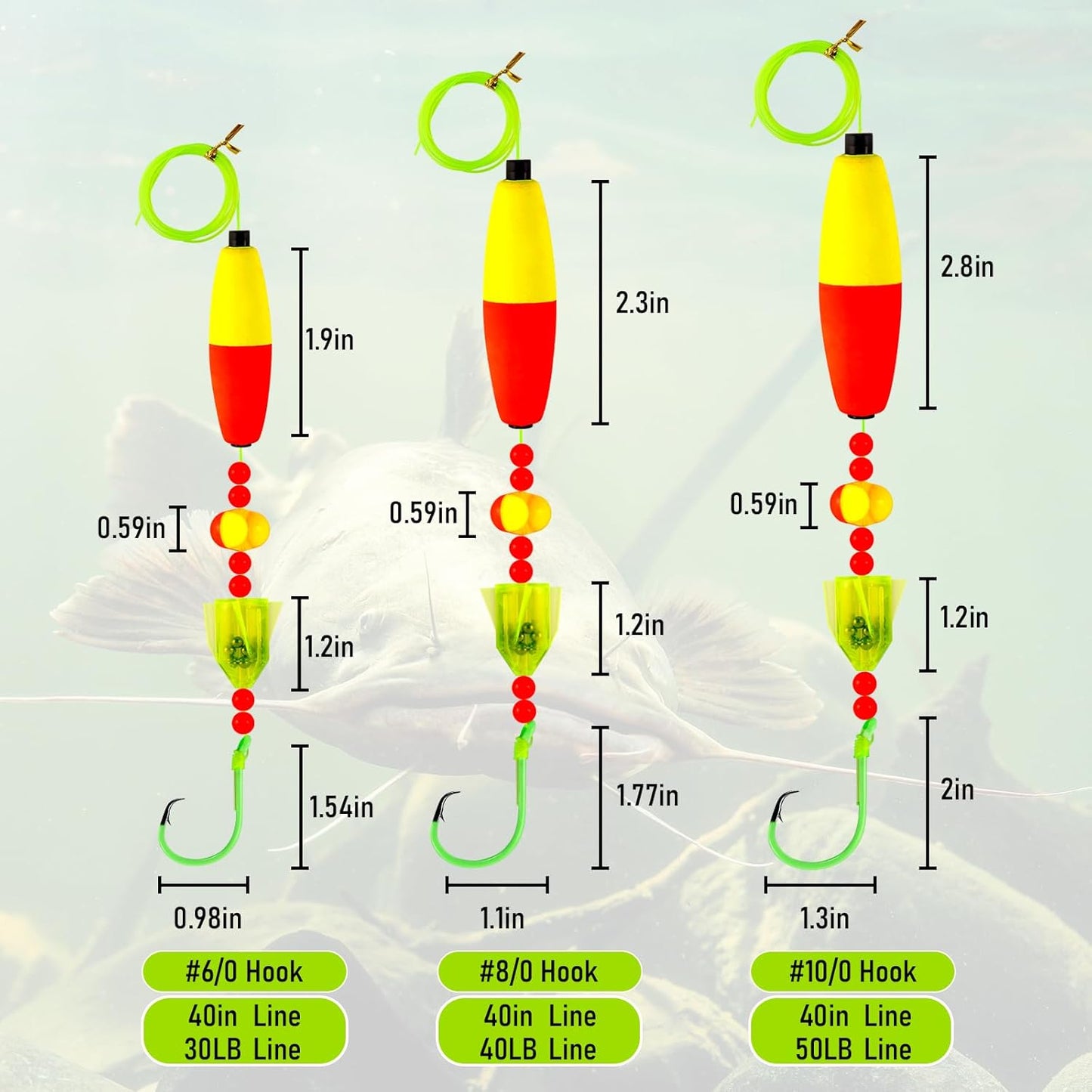 5-Pack Catfish Bait Float Rigs Kit, Ready Cat Fish Rig with Rattles Peg Floats Beads Circle Hooks 6/0 8/0 10/0, Catfishing Tackle Equipment Rattle Floater Bobbers Fishing Gear  Hook - 30LB Line
