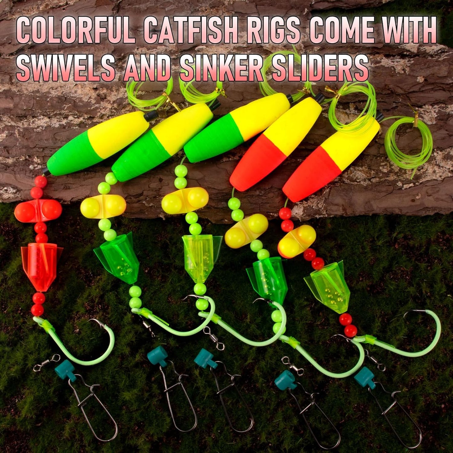 5-Pack Catfish Bait Float Rigs Kit, Ready Cat Fish Rig with Rattles Peg Floats Beads Circle Hooks 6/0 8/0 10/0, Catfishing Tackle Equipment Rattle Floater Bobbers Fishing Gear  Hook - 30LB Line