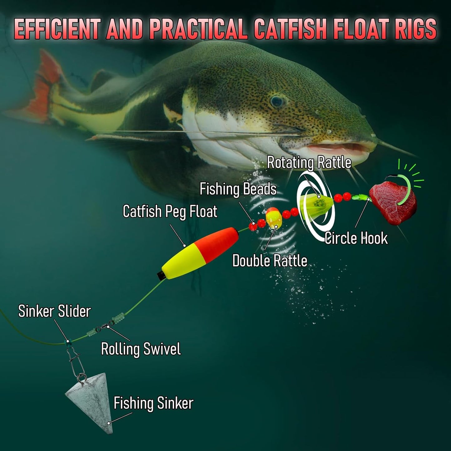 5-Pack Catfish Bait Float Rigs Kit, Ready Cat Fish Rig with Rattles Peg Floats Beads Circle Hooks 6/0 8/0 10/0, Catfishing Tackle Equipment Rattle Floater Bobbers Fishing Gear  Hook - 30LB Line