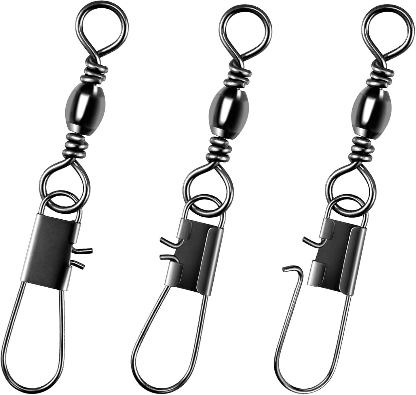 100-Pack Fishing Snap Swivels, Barrel Swivels Tackle with Snaps Freshwater, Stainless Steel Safty Interlock Swivel Black Nickel Coated Lure Hook Connector Quick Change Clips #14-26LB-0.98"
