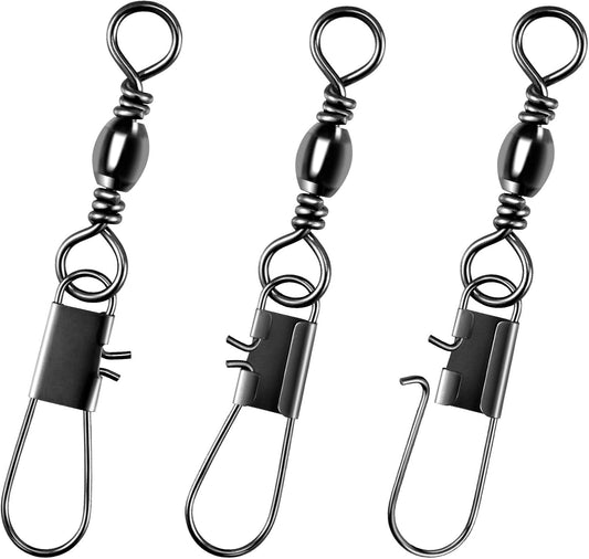 100-Pack Fishing Snap Swivels, Barrel Swivels Tackle with Snaps Freshwater, Stainless Steel Safty Interlock Swivel Black Nickel Coated Lure Hook Connector Quick Change Clips #14-26LB-0.98"