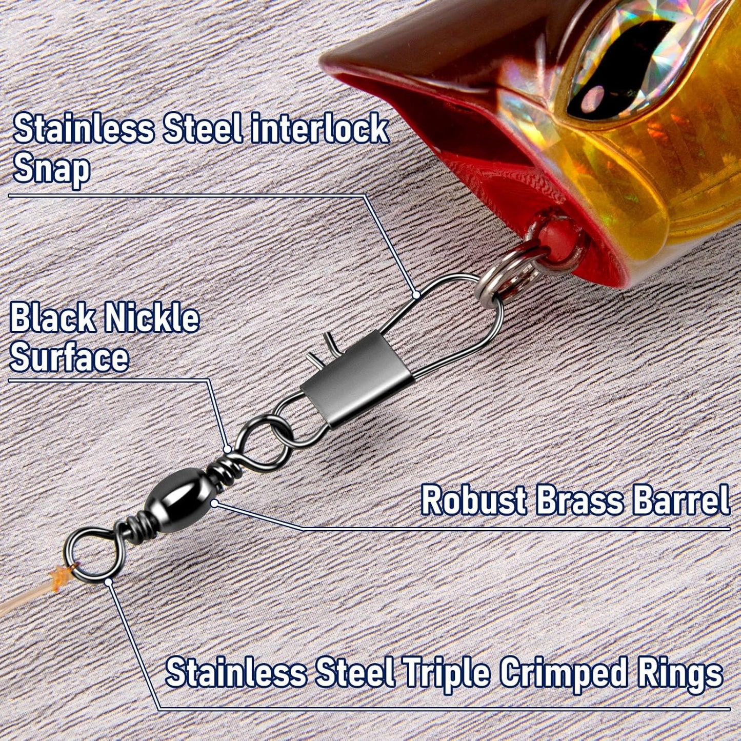 100-Pack Fishing Snap Swivels, Barrel Swivels Tackle with Snaps Freshwater, Stainless Steel Safty Interlock Swivel Black Nickel Coated Lure Hook Connector Quick Change Clips #14-26LB-0.98"
