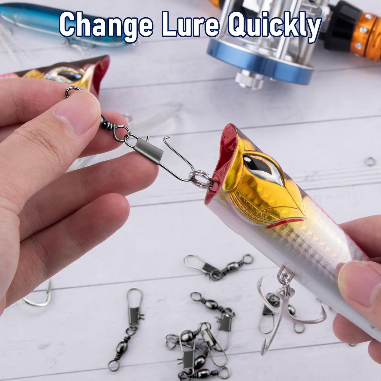 100-Pack Fishing Snap Swivels, Barrel Swivels Tackle with Snaps Freshwater, Stainless Steel Safty Interlock Swivel Black Nickel Coated Lure Hook Connector Quick Change Clips #14-26LB-0.98"