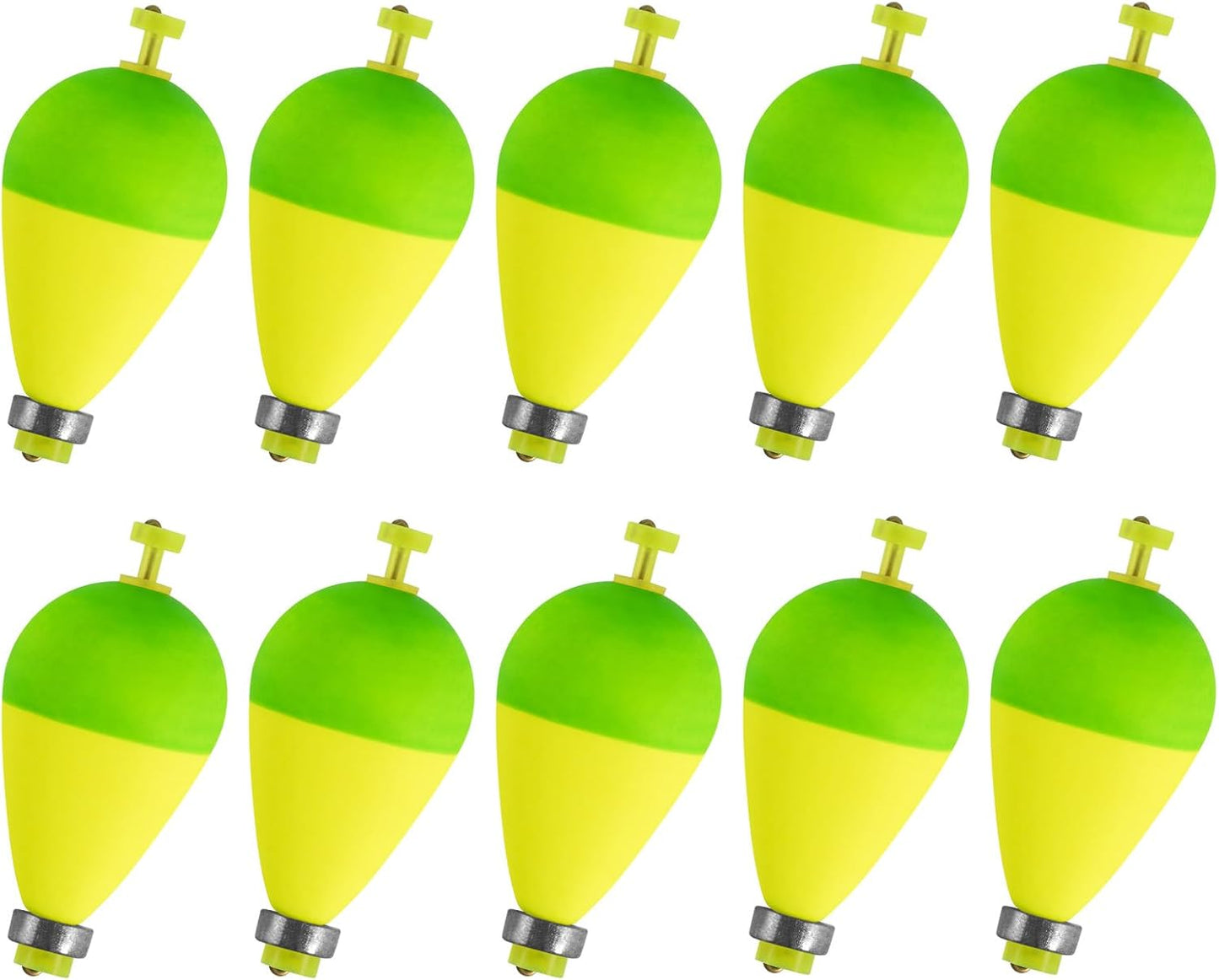 10 Pack Fishing Bobbers Floats, Weighted for Pear Shape EVA Foam Oval Snap-on Floats Corks Floaters Buoys Crappie Bass Panfish Bluegills Trout Yellow&Green 1.6IN - 9/32OZ