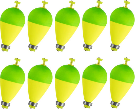 10 Pack Fishing Bobbers Floats, Weighted for Pear Shape EVA Foam Oval Snap-on Floats Corks Floaters Buoys Crappie Bass Panfish Bluegills Trout Yellow&Green 1.6IN - 9/32OZ