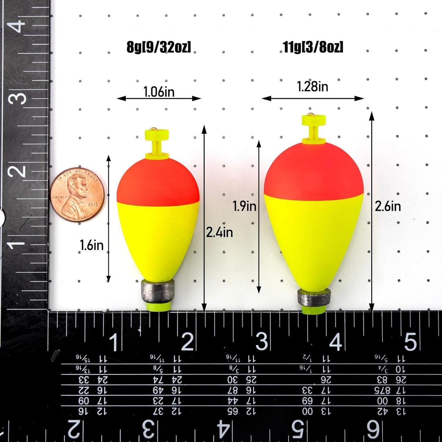 10 Pack Fishing Bobbers Floats, Weighted for Pear Shape EVA Foam Oval Snap-on Floats Corks Floaters Buoys Crappie Bass Panfish Bluegills Trout Yellow&Green 1.6IN - 9/32OZ