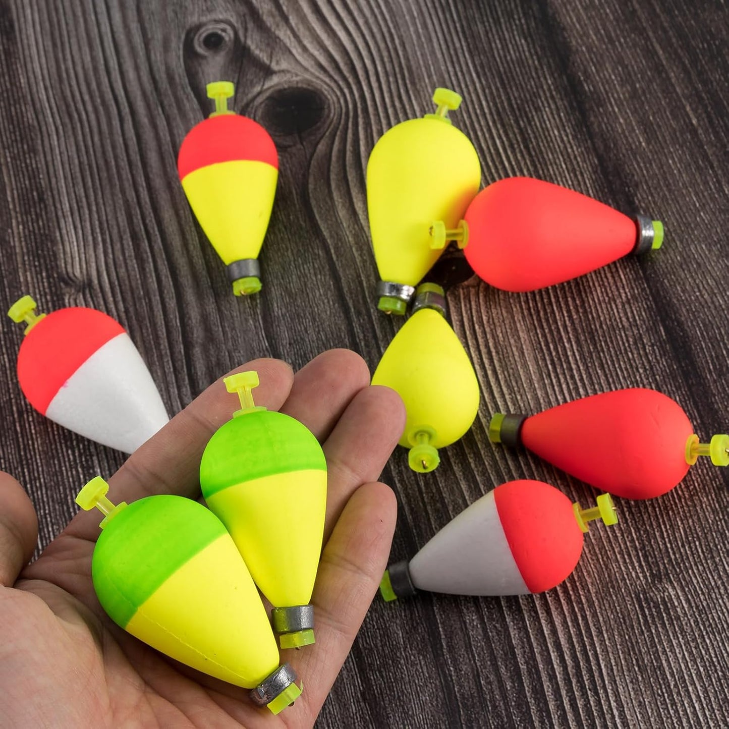 10 Pack Fishing Bobbers Floats, Weighted for Pear Shape EVA Foam Oval Snap-on Floats Corks Floaters Buoys Crappie Bass Panfish Bluegills Trout Yellow&Green 1.6IN - 9/32OZ