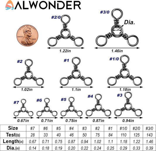 100-Pack 3 Way Swivels Fishing Tackle, 28-143LB Stainless Steel Black Nickel Three Swivel Connectors Saltwater Freshwater Surf Deep Drop Catfishing Rigs Tackle  #5-40LB-100 Pack