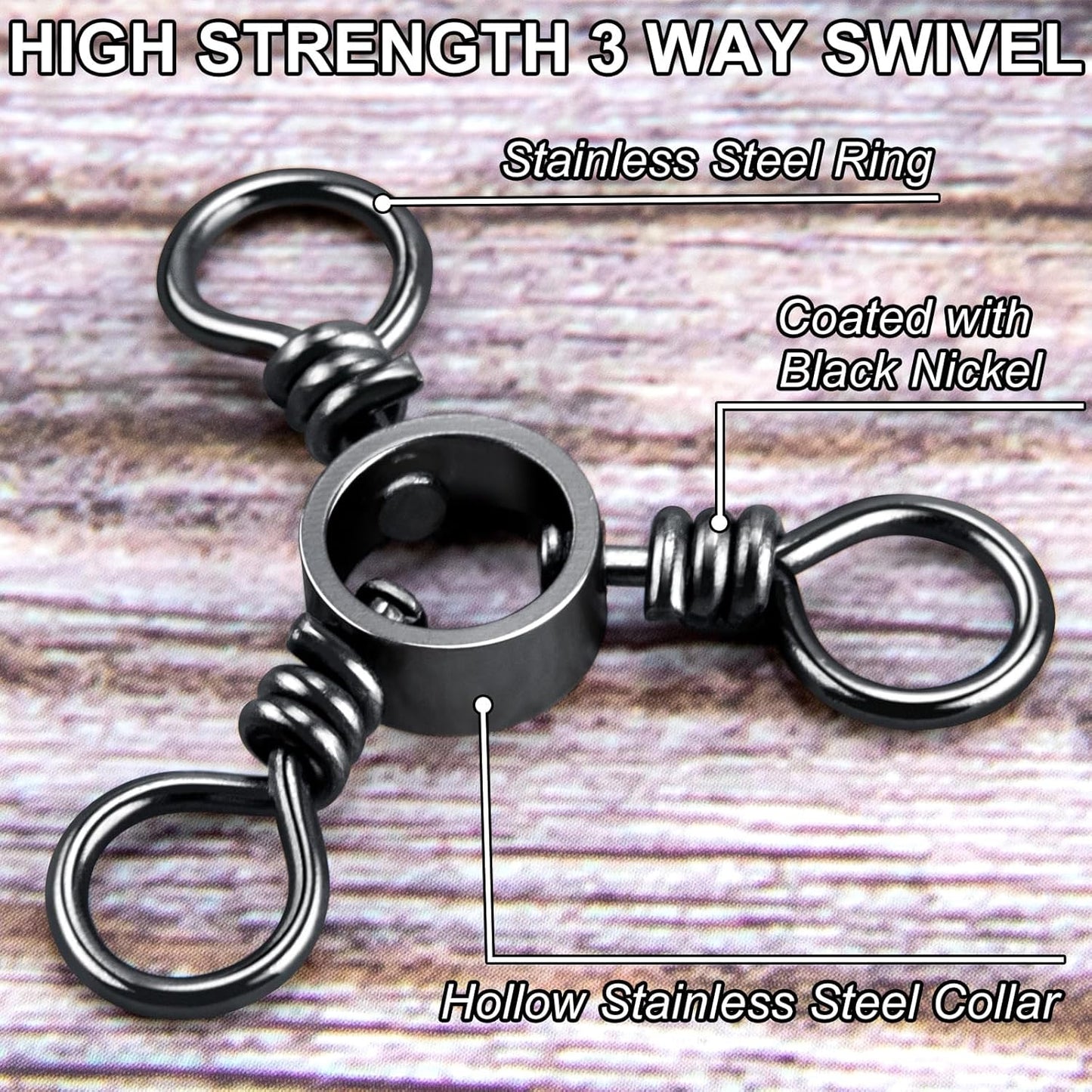 100-Pack 3 Way Swivels Fishing Tackle, 28-143LB Stainless Steel Black Nickel Three Swivel Connectors Saltwater Freshwater Surf Deep Drop Catfishing Rigs Tackle  #5-40LB-100 Pack