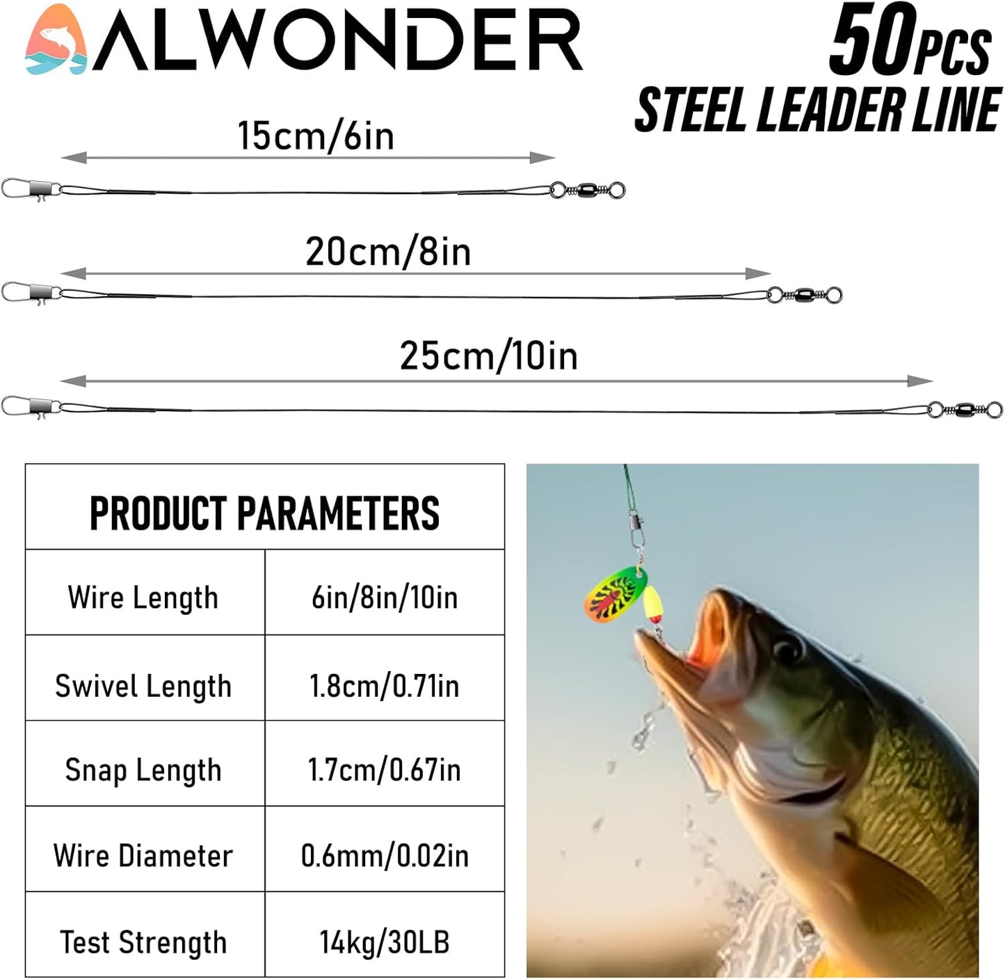50PCS Fishing Leaders, Fish Line Stainless Steel Wire with Swivels Snap, High-Strength 30LB Hi-Low Rig Leader Tackle Gear Connector for Lures Baits Rigs Hooks Black 6IN