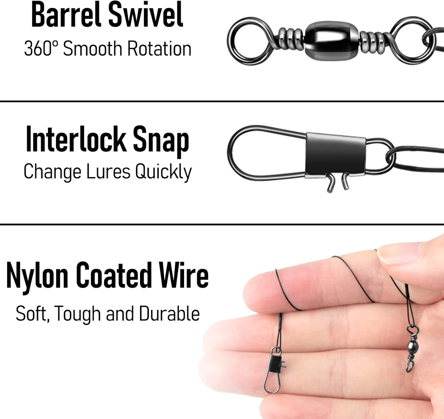50PCS Fishing Leaders, Fish Line Stainless Steel Wire with Swivels Snap, High-Strength 30LB Hi-Low Rig Leader Tackle Gear Connector for Lures Baits Rigs Hooks Black 6IN