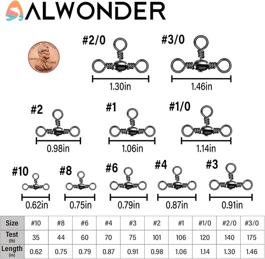 50-Pack 3 Way Swivels Fishing Tackle High Strength Stainless Steel Barrel 35-175LB Three Swivel for Saltwater Freshwater Catfish Rigs Surf  #2-101LB