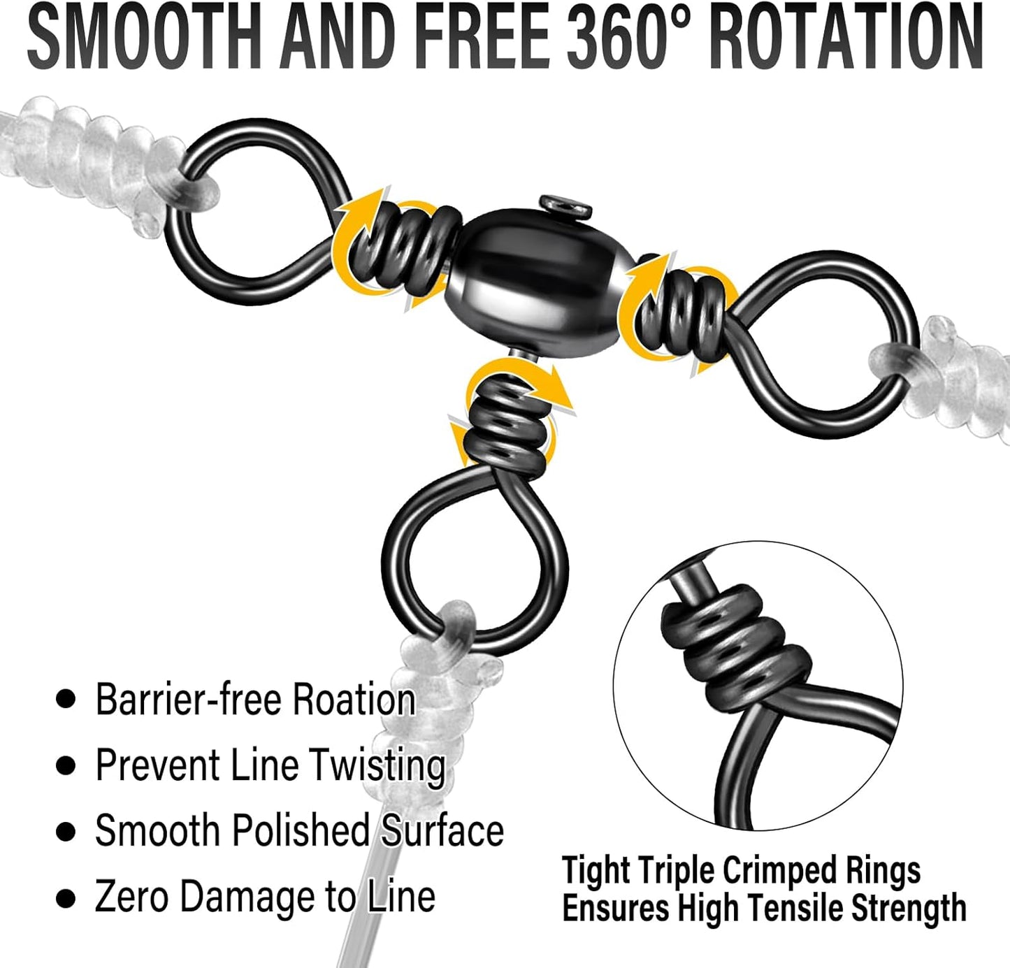 50-Pack 3 Way Swivels Fishing Tackle High Strength Stainless Steel Barrel 35-175LB Three Swivel for Saltwater Freshwater Catfish Rigs Surf  #2-101LB