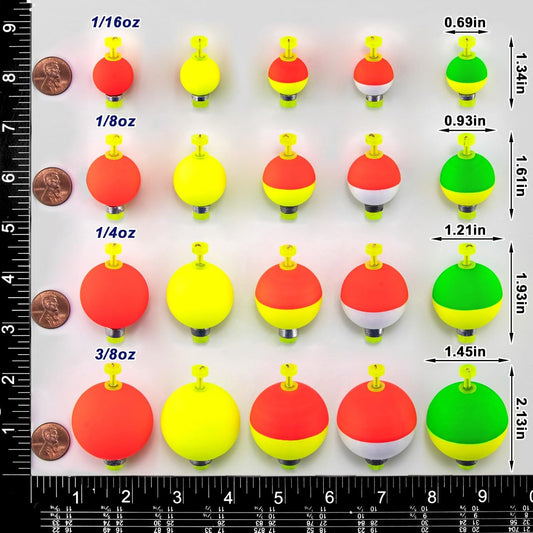 15-Pack Fishing Bobbers Floats, Weighted for Ball EVA Foam Snap-on Floats Corks Floaters Buoys Crappie Bass Panfish Bluegills Trout  #S-0.93in-1/8oz