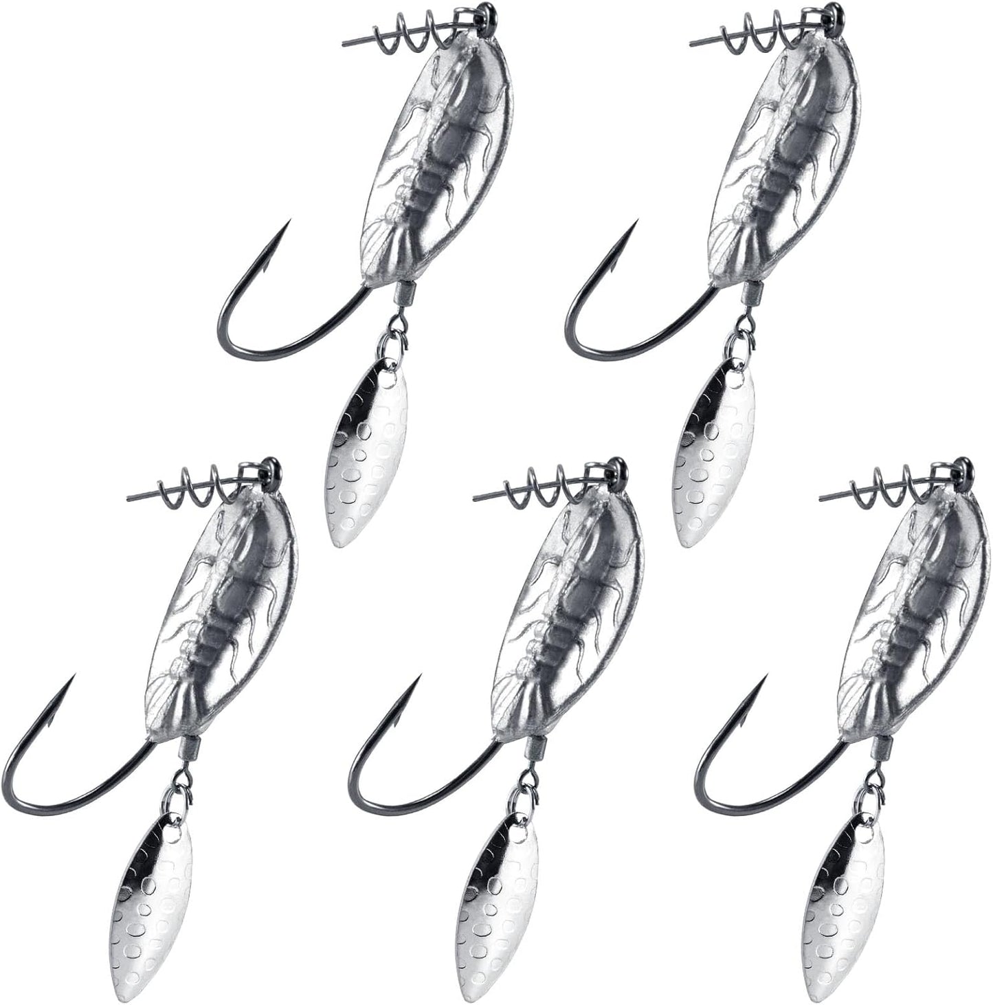 5-Pack Weighted Swimbait Hooks with Underspin, Pin Spring Fishing Hook Willow Spinner Blades Silver Gold, 1/7-3/8oz Bass Swivels Spinnerbait Weedless for Soft Lures 1/7oz