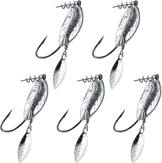 5-Pack Weighted Swimbait Hooks with Underspin, Pin Spring Fishing Hook Willow Spinner Blades Silver Gold, 1/7-3/8oz Bass Swivels Spinnerbait Weedless for Soft Lures 1/7oz