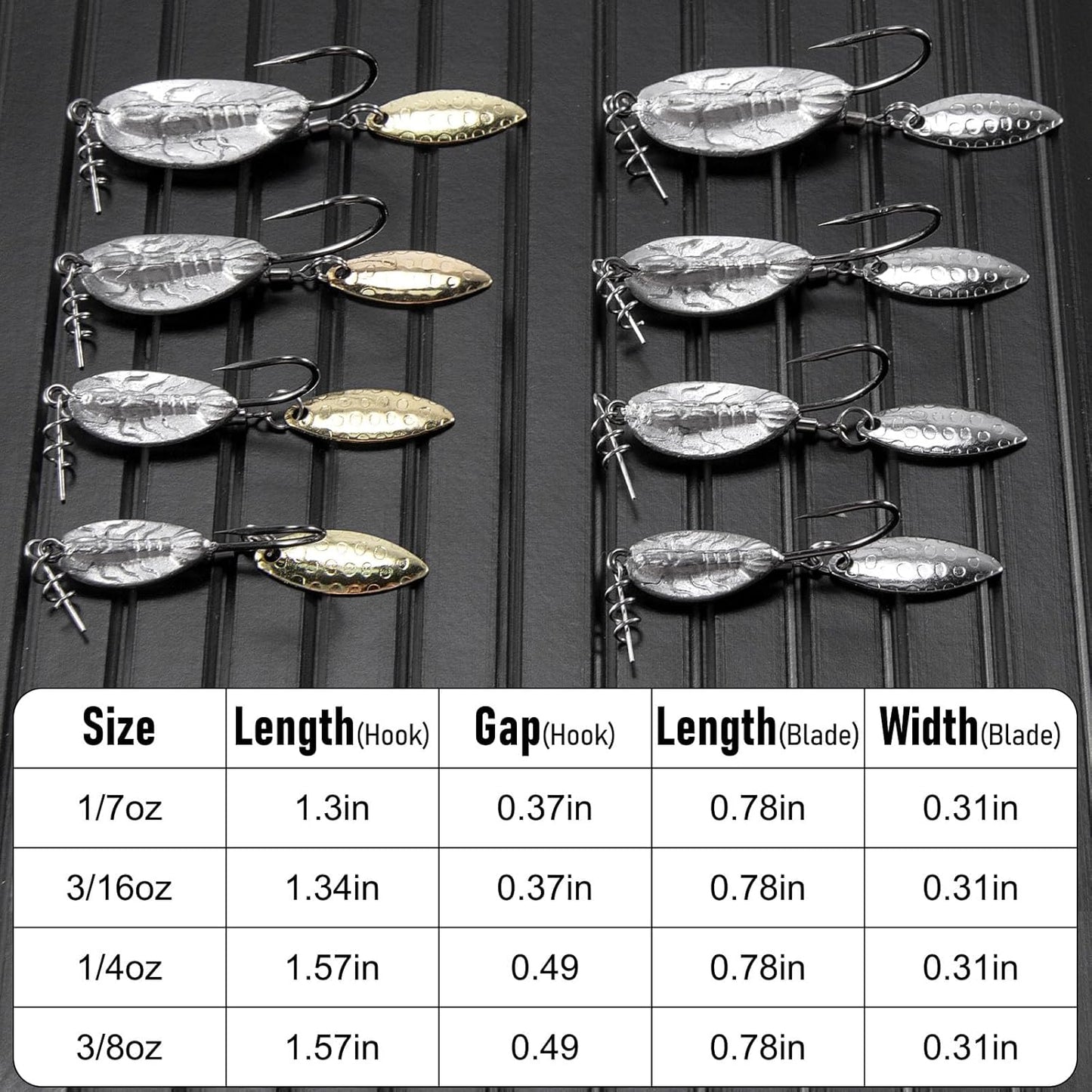 5-Pack Weighted Swimbait Hooks with Underspin, Pin Spring Fishing Hook Willow Spinner Blades Silver Gold, 1/7-3/8oz Bass Swivels Spinnerbait Weedless for Soft Lures 1/7oz