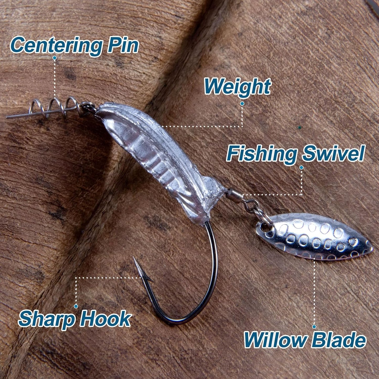 5-Pack Weighted Swimbait Hooks with Underspin, Pin Spring Fishing Hook Willow Spinner Blades Silver Gold, 1/7-3/8oz Bass Swivels Spinnerbait Weedless for Soft Lures 1/7oz