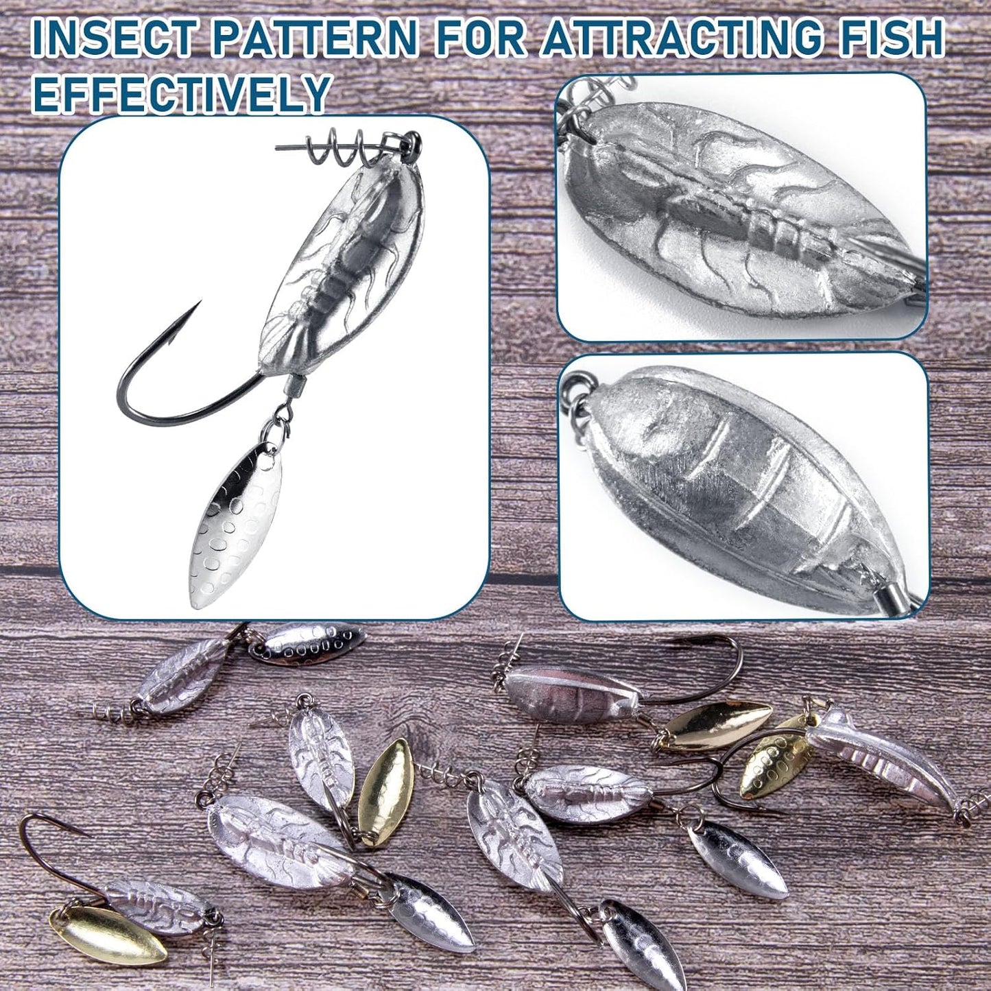 5-Pack Weighted Swimbait Hooks with Underspin, Pin Spring Fishing Hook Willow Spinner Blades Silver Gold, 1/7-3/8oz Bass Swivels Spinnerbait Weedless for Soft Lures 1/7oz