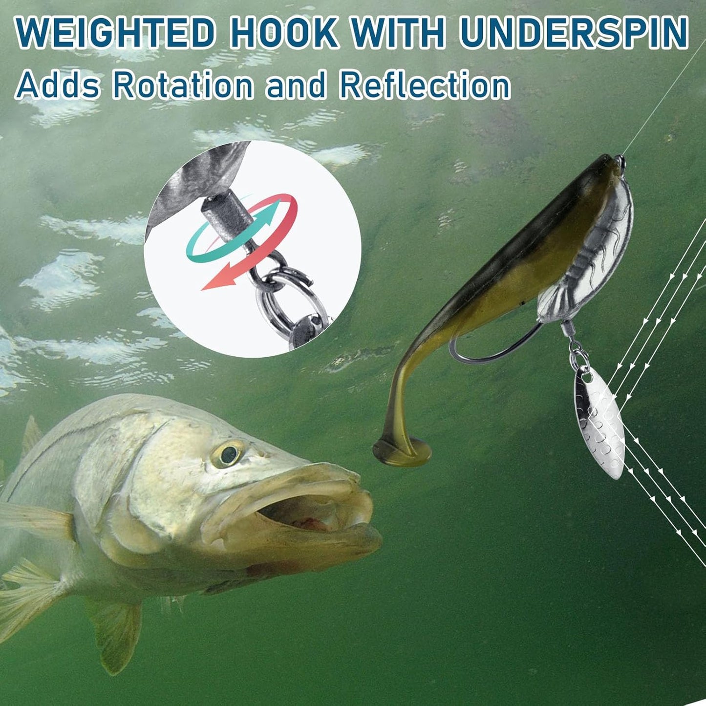 5-Pack Weighted Swimbait Hooks with Underspin, Pin Spring Fishing Hook Willow Spinner Blades Silver Gold, 1/7-3/8oz Bass Swivels Spinnerbait Weedless for Soft Lures 1/7oz