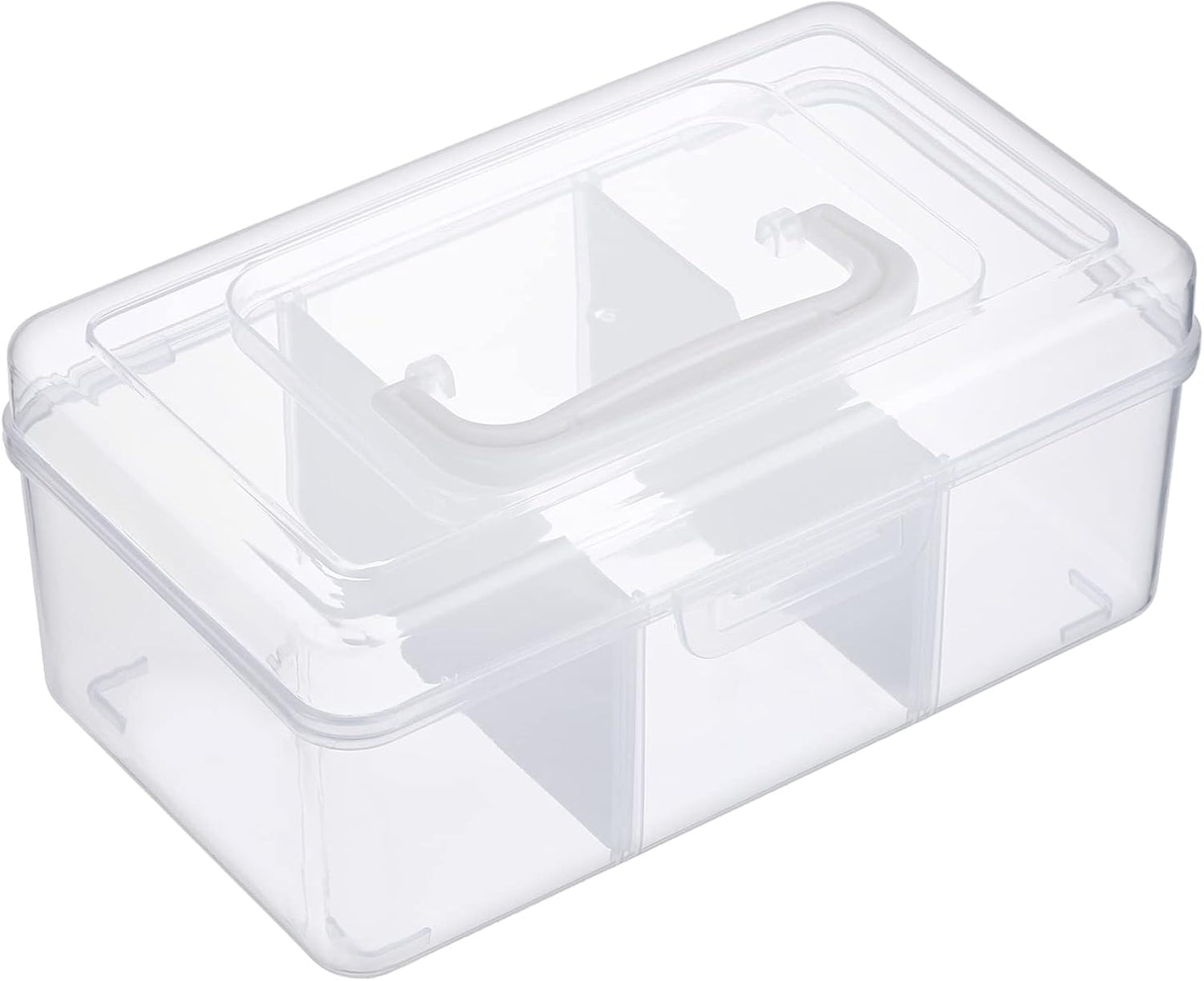 Petluno Clear Stackable Storage Box with Divider Tray, Plastic 3-Compartment Multi-functional Container for Nail Polish, Toys, Crafts, Stationery, Sewing, Fishing Gear Transparent Small