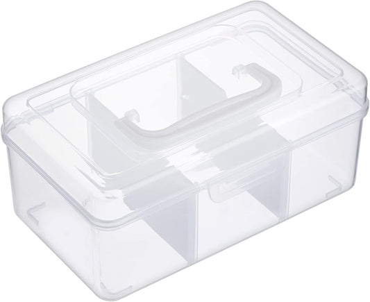 Petluno Clear Stackable Storage Box with Divider Tray, Plastic 3-Compartment Multi-functional Container for Nail Polish, Toys, Crafts, Stationery, Sewing, Fishing Gear Transparent Small