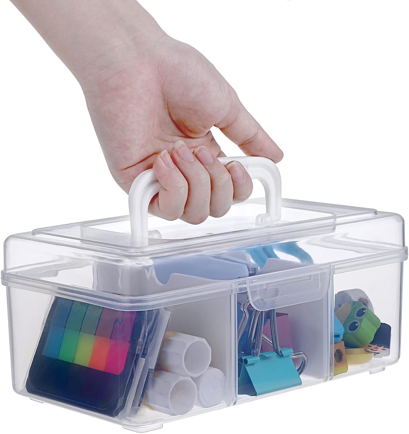 Petluno Clear Stackable Storage Box with Divider Tray, Plastic 3-Compartment Multi-functional Container for Nail Polish, Toys, Crafts, Stationery, Sewing, Fishing Gear Transparent Small