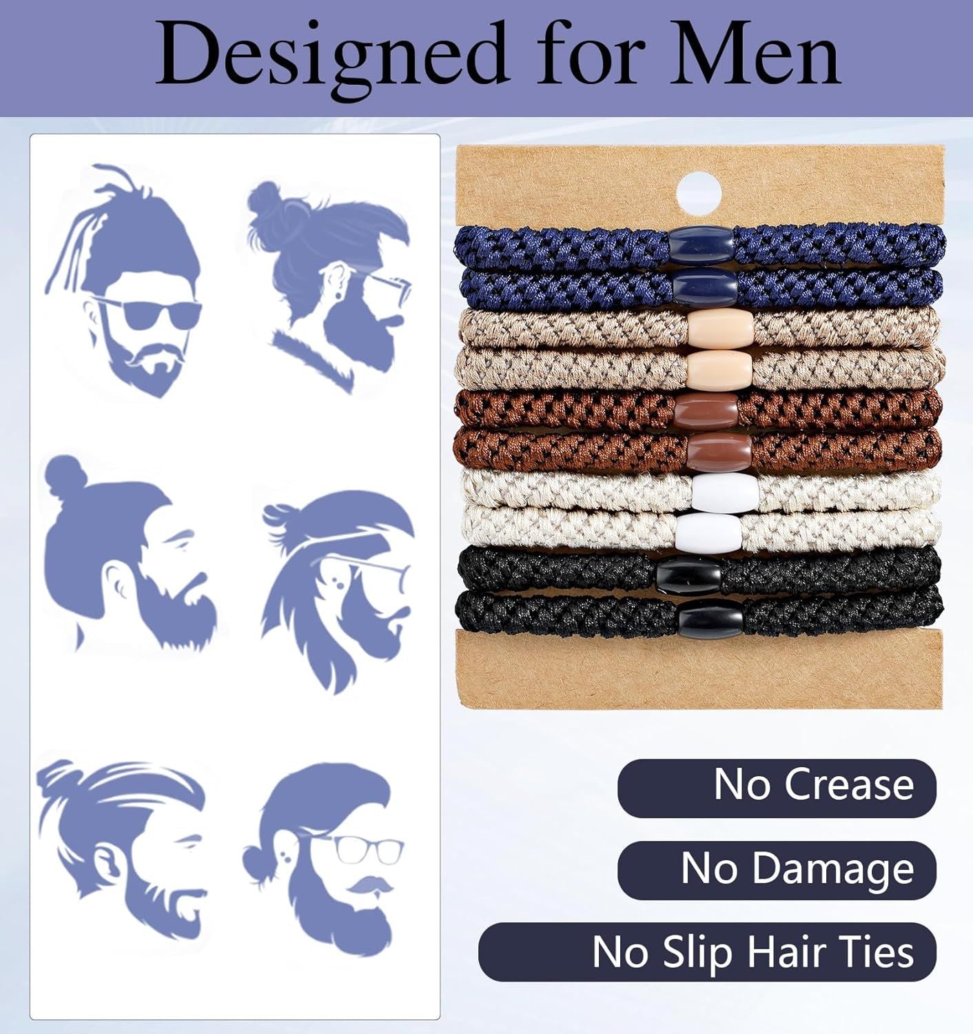 Mens Hair Ties, 10 Pack Hair Ties for Men Guys with Smooth Beads (Multicolor)