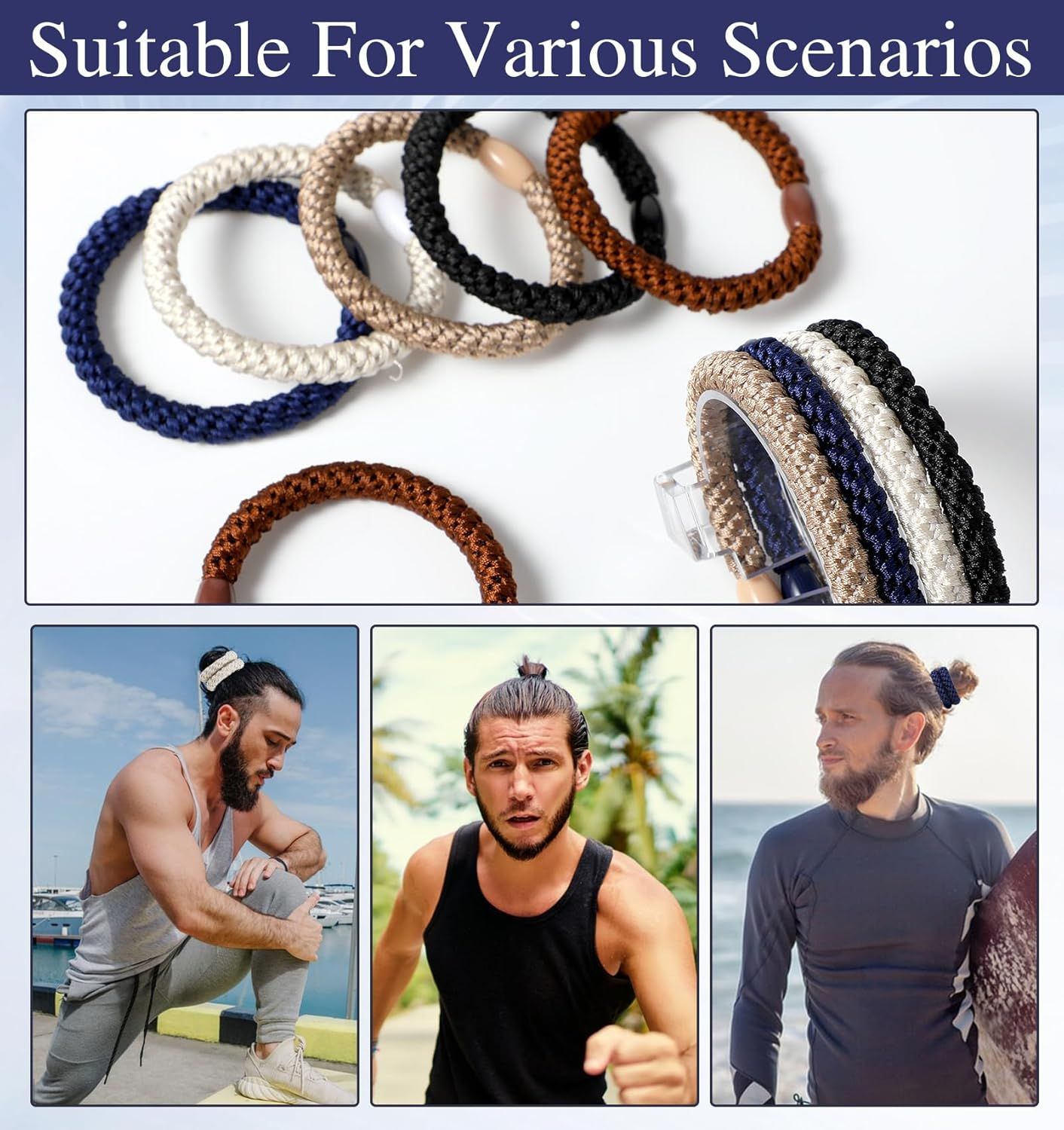 Mens Hair Ties, 10 Pack Hair Ties for Men Guys with Smooth Beads (Multicolor)