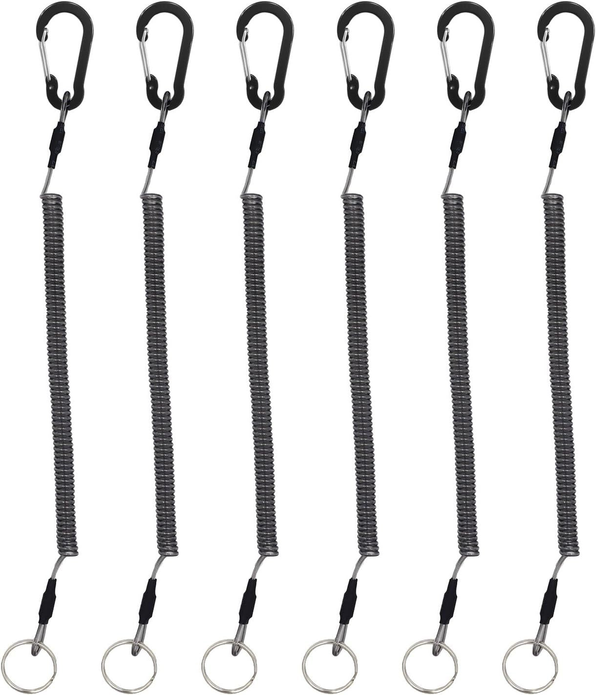 Stretchy Coiled Lanyards for Keys Kayak Fishing Equipment Pliers Tools, Black Blue Green Red Yellow Silver, 4/6pcs