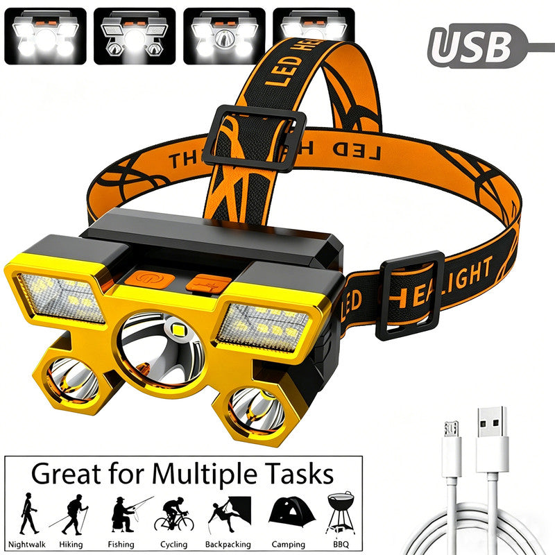 Outdoor Multi-Function LED Headlamp - 4-Level Dimmable Waterproof Headlamp - Head-Mounted Headlamp - Spotlight - Ideal for Night Fishing, Hiking, Camping, and Work - High-Power Flashlight - Gold