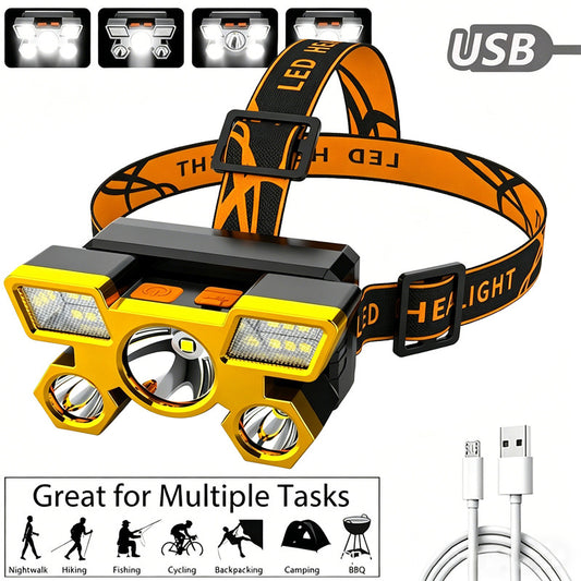 Outdoor Multi-Function LED Headlamp - 4-Level Dimmable Waterproof Headlamp - Head-Mounted Headlamp - Spotlight - Ideal for Night Fishing, Hiking, Camping, and Work - High-Power Flashlight - Gold