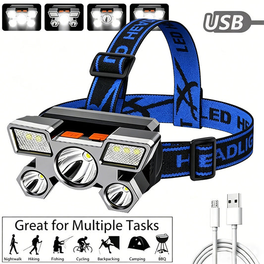 Outdoor Multi-Function LED Headlamp - 4-Level Dimmable Waterproof Headlamp - Head-Mounted Headlamp - Spotlight - Ideal for Night Fishing, Hiking, Camping, and Work - High-Power Flashlight - Silver