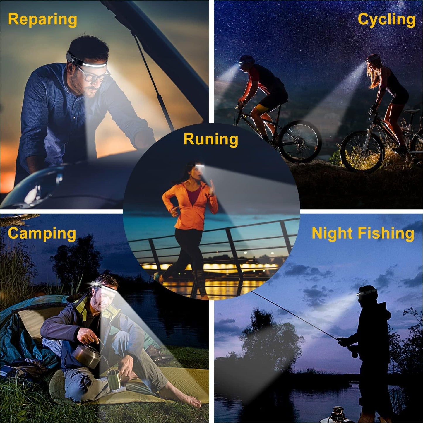 LED Headlamp Rechargeable Headlamp with Motion Sensor 4 Modes Outdoor Waterproof Flashlight for Camping, Hiking, Fishing