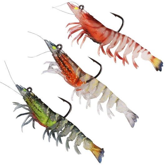 3X Durable TPE Fishing Tackle Prawn Shrimp Trout Bream Flathead Cod Jew Bass Lure - Black+Red+Orange-3 Packs