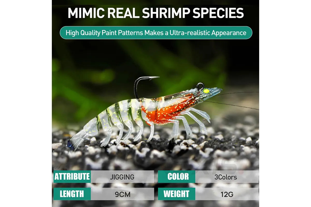 3X Durable TPE Fishing Tackle Prawn Shrimp Trout Bream Flathead Cod Jew Bass Lure - Black+Red+Orange-3 Packs