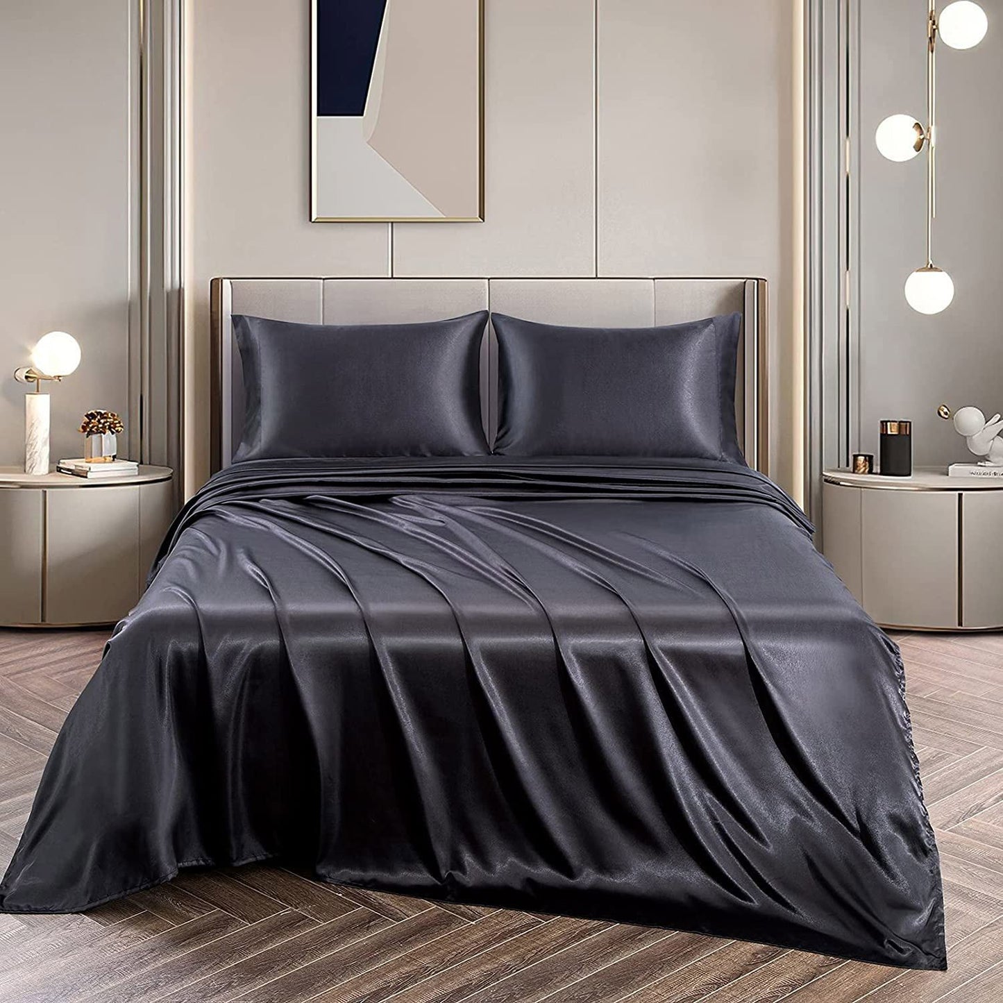 Art Silk Satin Sheet Set Hotel 4 Pieces Fitted/Flat Sheet Bedding Set-Luxury Soft Silky Sheets for Hair and Skin, Similar to Silk Bed Sheets Set 4 Pieces(Double,Black)