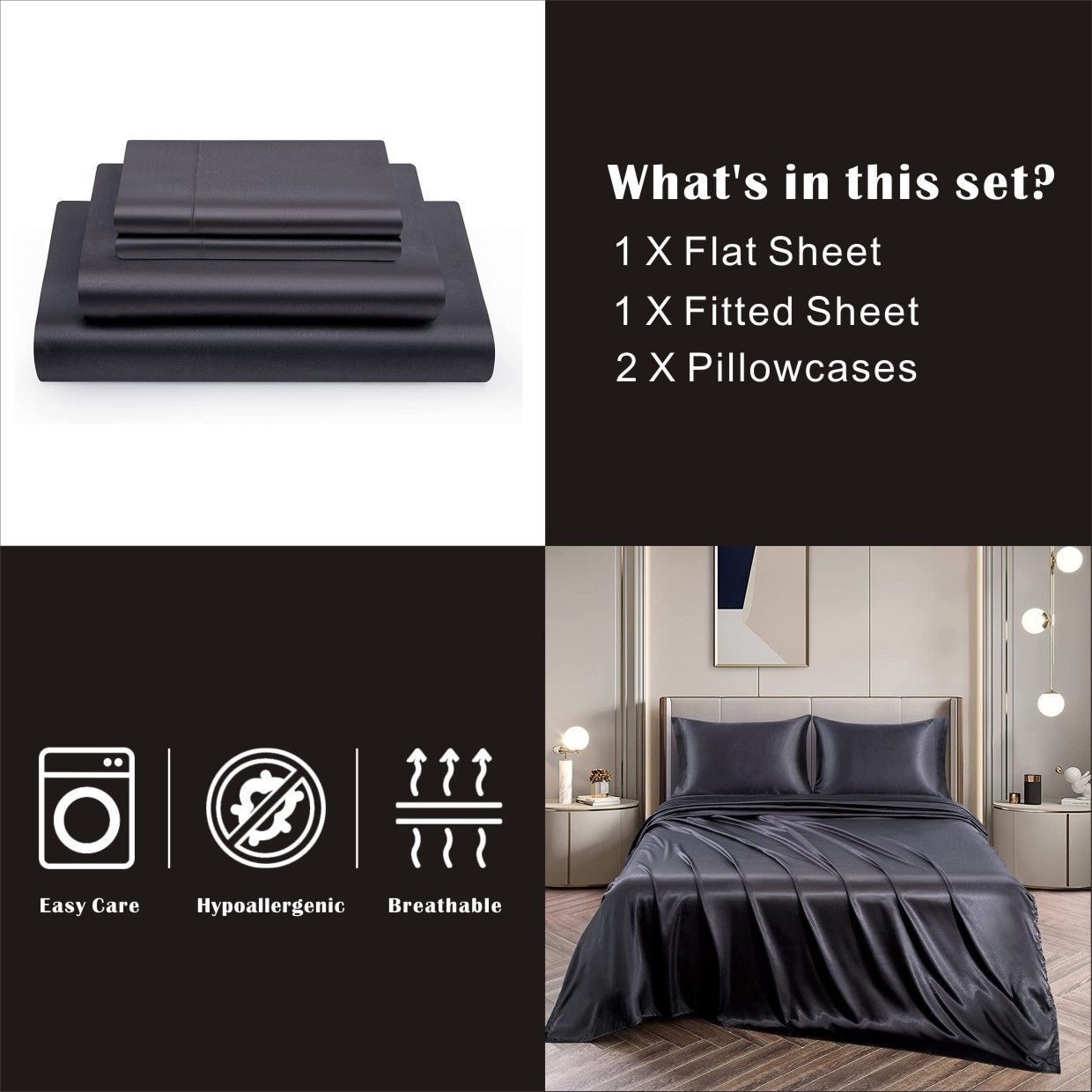 Art Silk Satin Sheet Set Hotel 4 Pieces Fitted/Flat Sheet Bedding Set-Luxury Soft Silky Sheets for Hair and Skin, Similar to Silk Bed Sheets Set 4 Pieces(King,Black)