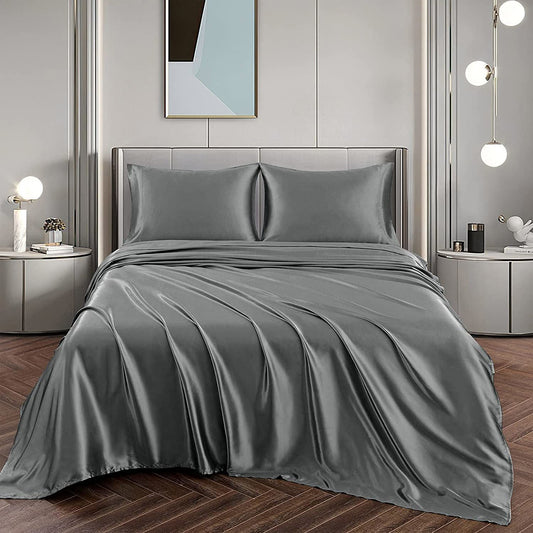 Art Silk Satin Sheet Set Hotel 3 Pieces Fitted/Flat Sheet Bedding Set-Luxury Soft Silky Sheets for Hair and Skin, Similar to Silk Bed Sheets Set 3 Pieces(King Single,Grey)